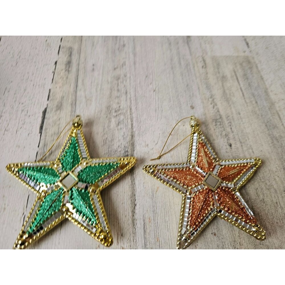 Vintage glitter star gold green orange plastic mirror ornament Xmas tree